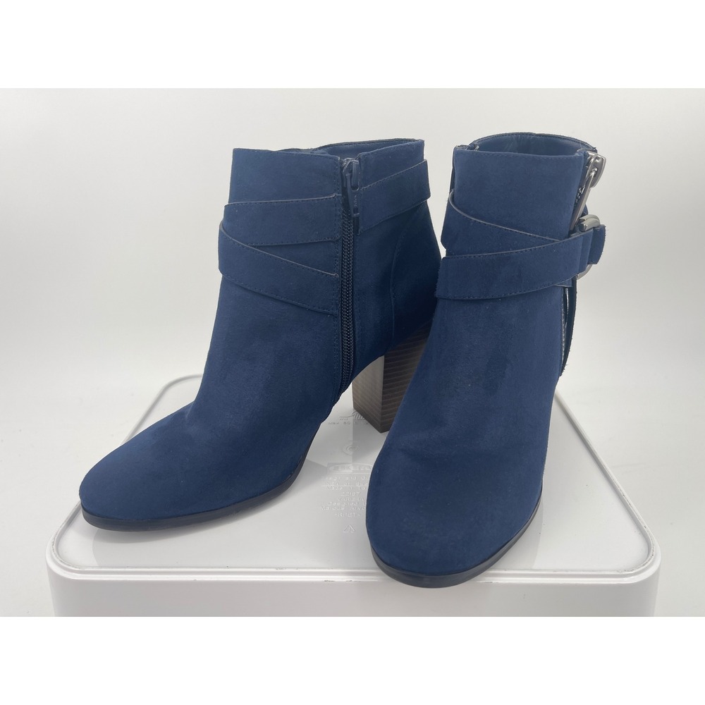 Apt. 9 Advisor Navy Blue Faux Suede Ankle Boots Womens Size 8 Block Heel Buckle